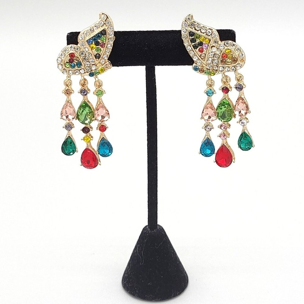 Womens Gold Tone Metal Colorful Rhinestone Butterfly Dangle Earrings 2 1/2 in